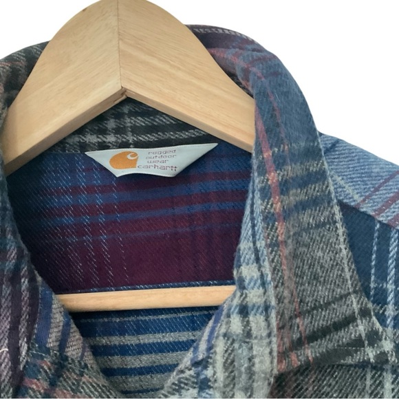 Vintage 80s 90s Carhartt Mens Heavy Cotton button Up Flannel Shirt Blue USA L - Picture 4 of 5